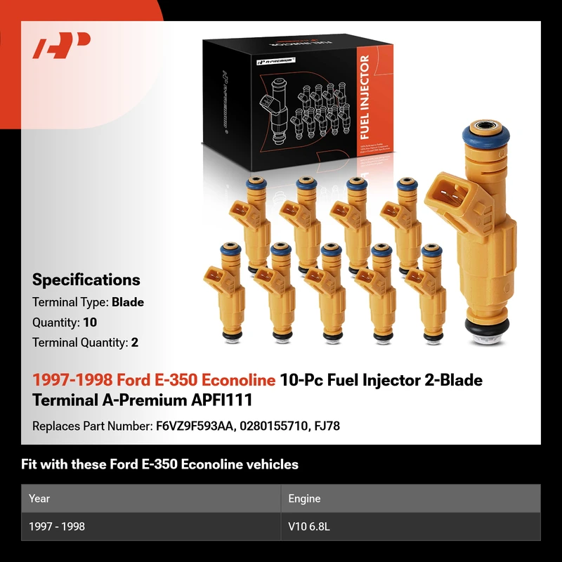 1997-1998 Ford E-350 Econoline 10-Pc Fuel Injector 2-Blade Terminal A-Premium APFI111