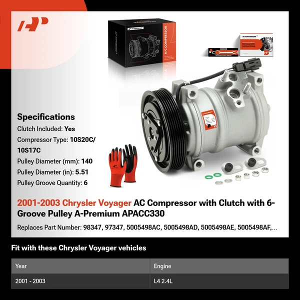 2001-2003 Chrysler Voyager AC Compressor with Clutch with 6-Groove Pulley A-Premium APACC330