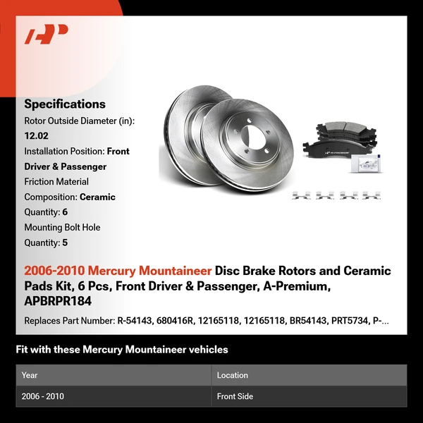 2006-2010 Mercury Mountaineer Disc Brake Rotors and Ceramic Pads Kit, 6 Pcs, Front Driver & Passenger, A-Premium, APBRPR184