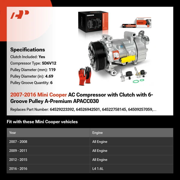 2007-2016 Mini Cooper AC Compressor with Clutch with 6-Groove Pulley A-Premium APACC030