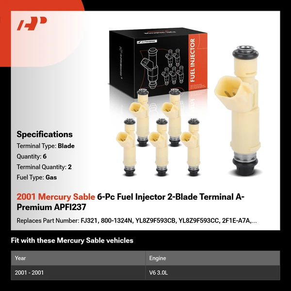 2001 Mercury Sable 6-Pc Fuel Injector 2-Blade Terminal A-Premium APFI237