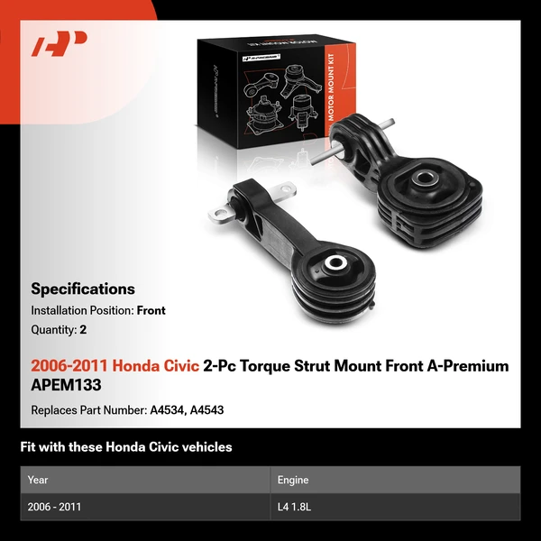 2006-2011 Honda Civic 2-Pc Torque Strut Mount Front A-Premium APEM133