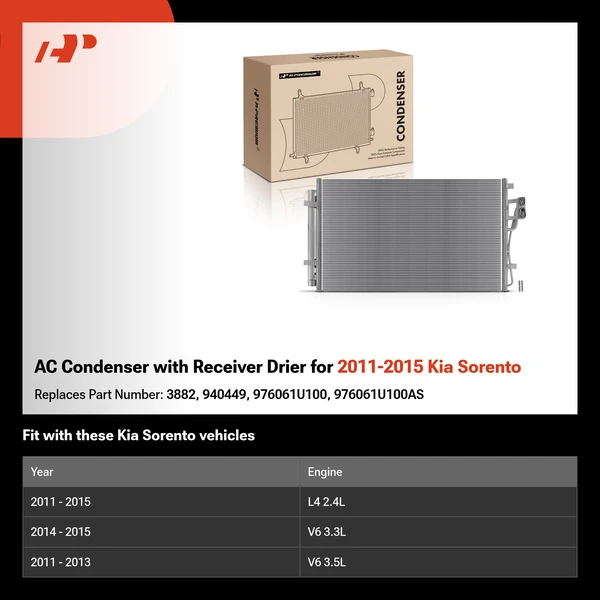 AC Condenser with Receiver Drier for 2011-2015 Kia Sorento