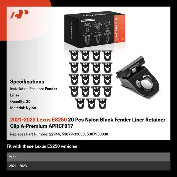 2021-2023 Lexus ES250 20 Pcs Nylon Black Fender Liner A-Premium APRCF017