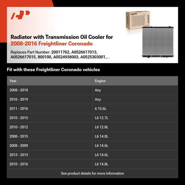Radiator with Transmission Oil Cooler for 2008-2016 Freightliner Coronado