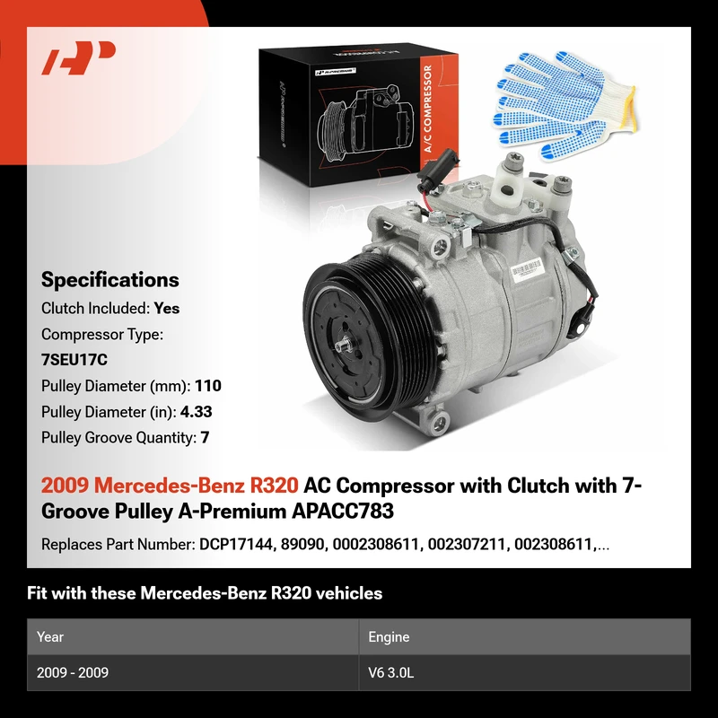 2009 Mercedes-Benz R320 AC Compressor with Clutch with 7-Groove Pulley A-Premium APACC783