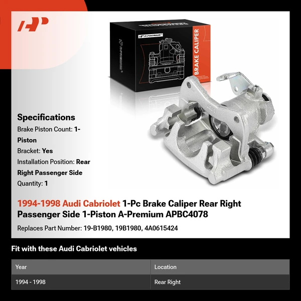 1994-1998 Audi Cabriolet 1-Pc Brake Caliper Rear Right Passenger Side 1-Piston A-Premium APBC4078