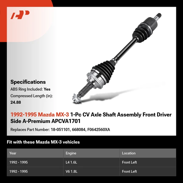 1992-1995 Mazda MX-3 1-Pc CV Axle Shaft Assembly Front Driver Side A-Premium APCVA1701