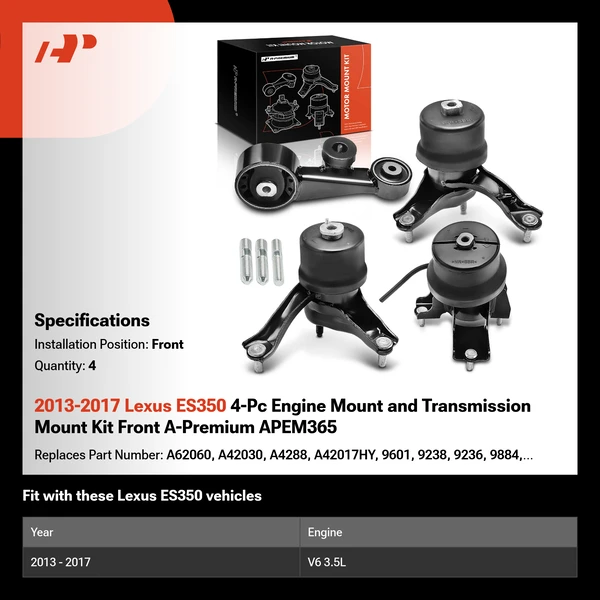 2013-2017 Lexus ES350 4-Pc Engine Mount and Transmission Mount Kit Front A-Premium APEM365