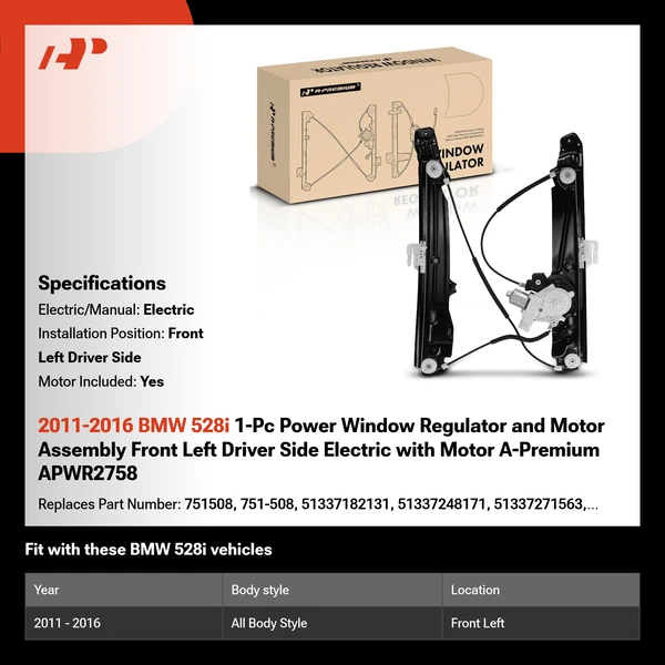 2011-2016 BMW 528i 1-Pc Power Window Regulator and Motor Assembly Front Left Driver Side Electric with Motor A-Premium APWR2758
