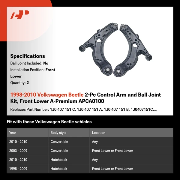 1998-2010 Volkswagen Beetle 2-Pc Control Arm and Ball Joint Kit, Front Lower A-Premium APCA0100