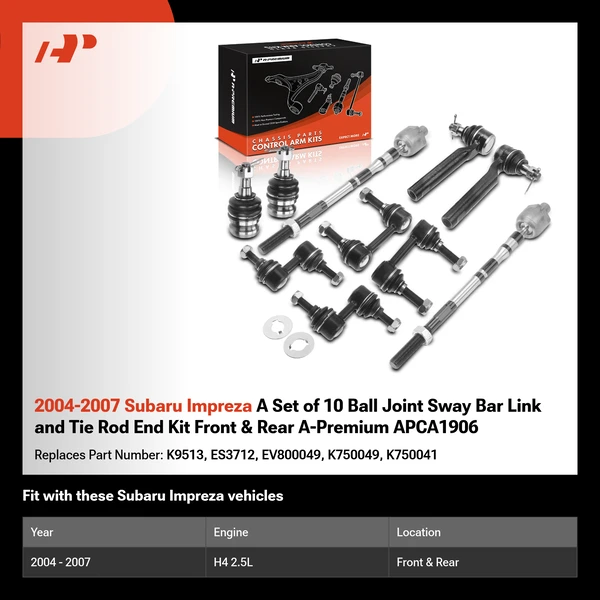 2004-2007 Subaru Impreza A Set of 10 Ball Joint Sway Bar Link and Tie Rod End Kit Front & Rear A-Premium APCA1906