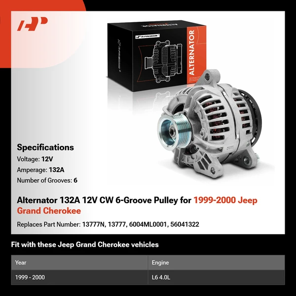 Alternator 132A 12V CW 6-Groove Pulley for 1999-2000 Jeep Grand Cherokee