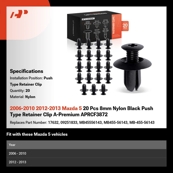 2006-2010 2012-2013 Mazda 5 20 Pcs 8mm Nylon Black Push Type Retainer Clip A-Premium APRCF3872