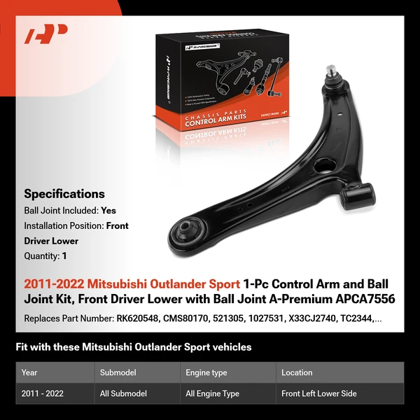 2011-2022 Mitsubishi Outlander Sport 1-Pc Control Arm and Ball Joint Kit, Front Driver Lower with Ball Joint A-Premium APCA7556
