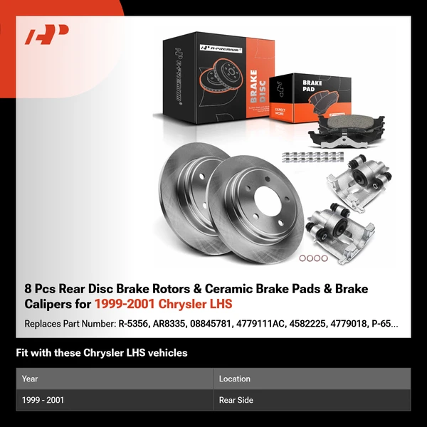 8 Pcs Rear Disc Brake Rotors & Ceramic Brake Pads & Brake Calipers for 1999-2001 Chrysler LHS