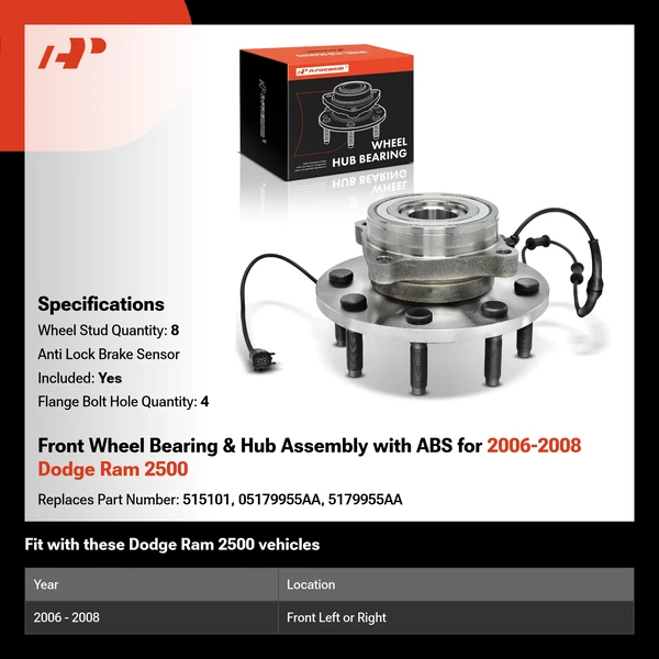 Front Wheel Bearing & Hub Assembly with ABS for 2006-2008 Dodge Ram 2500