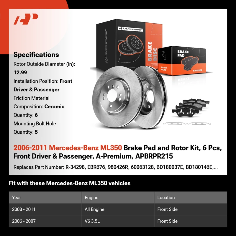 2006-2011 Mercedes-Benz ML350 Brake Pad and Rotor Kit, 6 Pcs, Front Driver & Passenger, A-Premium, APBRPR215