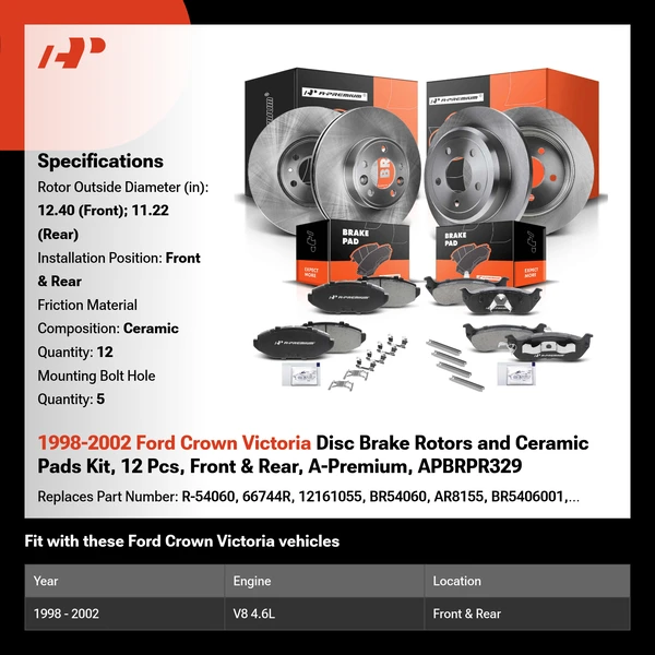 1998-2002 Ford Crown Victoria Disc Brake Rotors and Ceramic Pads Kit, 12 Pcs, Front & Rear, A-Premium, APBRPR329