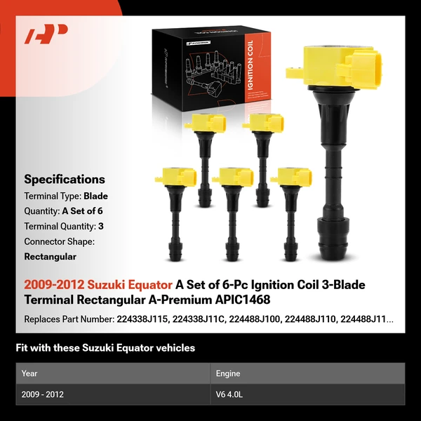2009-2012 Suzuki Equator A Set of 6-Pc Ignition Coil 3-Blade Terminal Rectangular A-Premium APIC1468