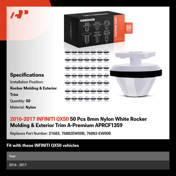 2016-2017 INFINITI QX50 50 Pcs 8mm Nylon White Rocker Molding & Exterior Trim A-Premium APRCF1359