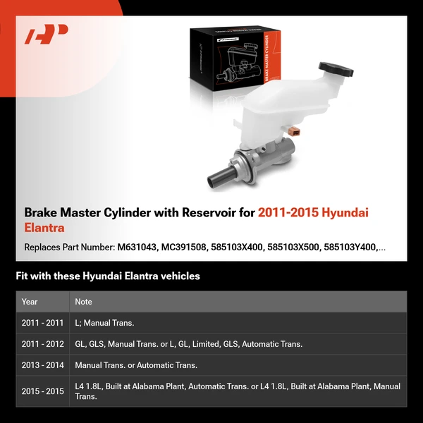 Brake Master Cylinder with Reservoir for 2011-2015 Hyundai Elantra