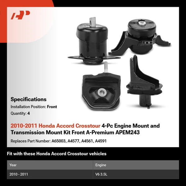 2010-2011 Honda Accord Crosstour 4-Pc Engine Mount and Transmission Mount Kit Front A-Premium APEM243