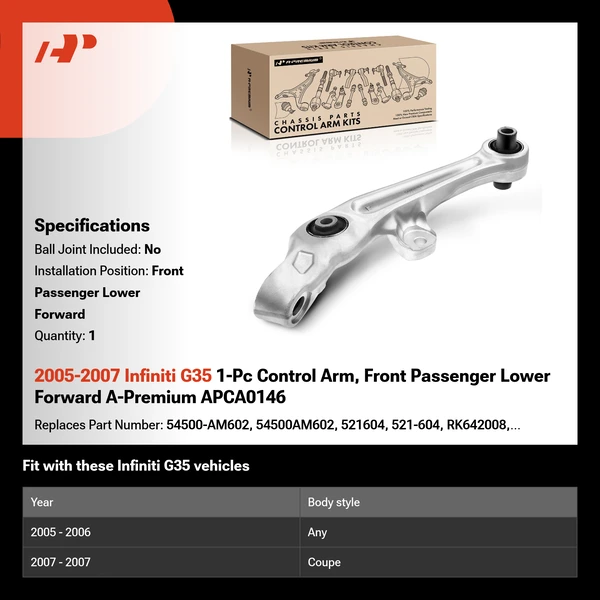 2005-2007 Infiniti G35 1-Pc Control Arm, Front Passenger Lower Forward A-Premium APCA0146