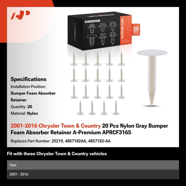 2001-2016 Chrysler Town & Country 20 Pcs Nylon Gray Bumper Foam Absorber Retainer A-Premium APRCF3165