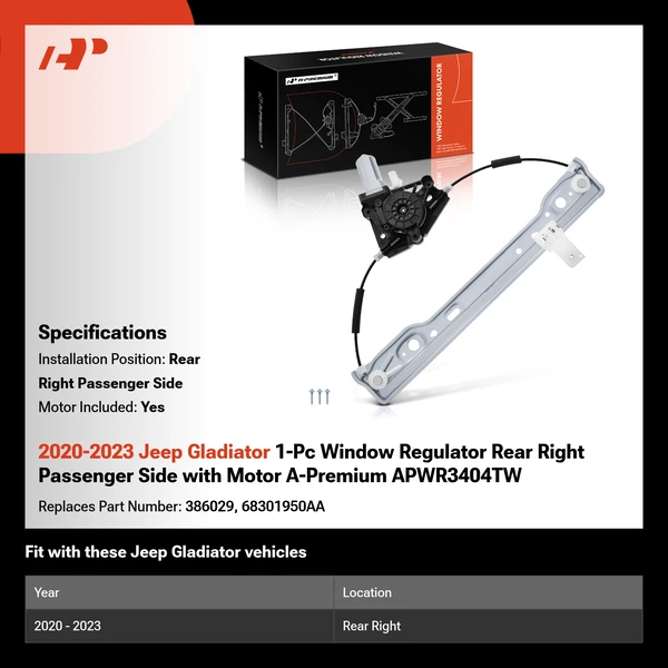 2020-2023 Jeep Gladiator 1-Pc Window Regulator Rear Right Passenger Side with Motor A-Premium APWR3404TW