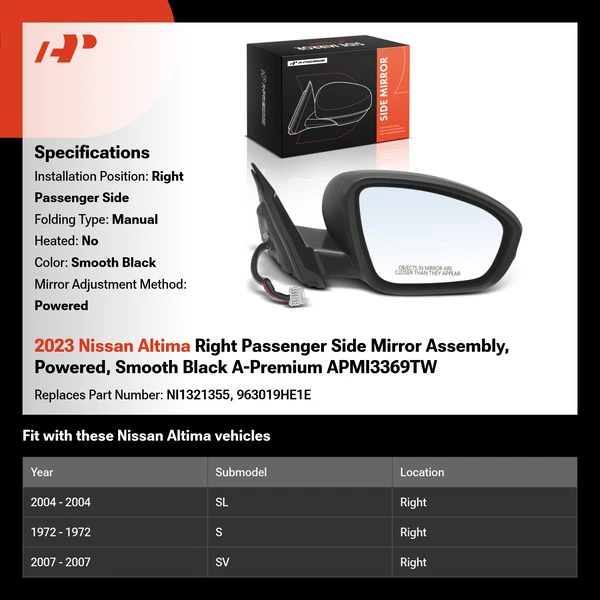 2023 Nissan Altima Right Passenger Side Mirror Assembly, Powered, Smooth Black A-Premium APMI3369TW