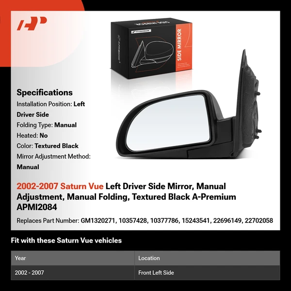 2002-2007 Saturn Vue Left Driver Side Mirror, Manual Adjustment, Manual Folding, Textured Black A-Premium APMI2084
