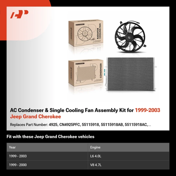 AC Condenser & Single Cooling Fan Assembly Kit for 1999-2003 Jeep Grand Cherokee