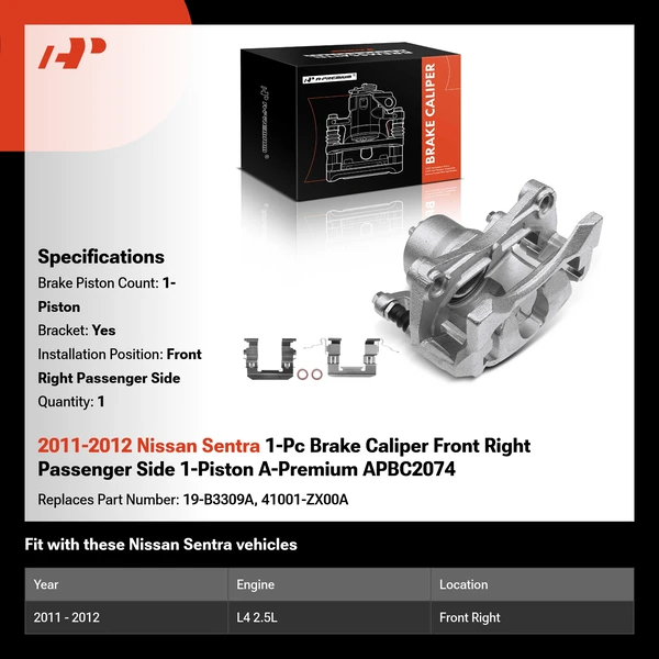 2011-2012 Nissan Sentra 1-Pc Brake Caliper Front Right Passenger Side 1-Piston A-Premium APBC2074