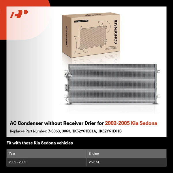 AC Condenser without Receiver Drier for 2002-2005 Kia Sedona