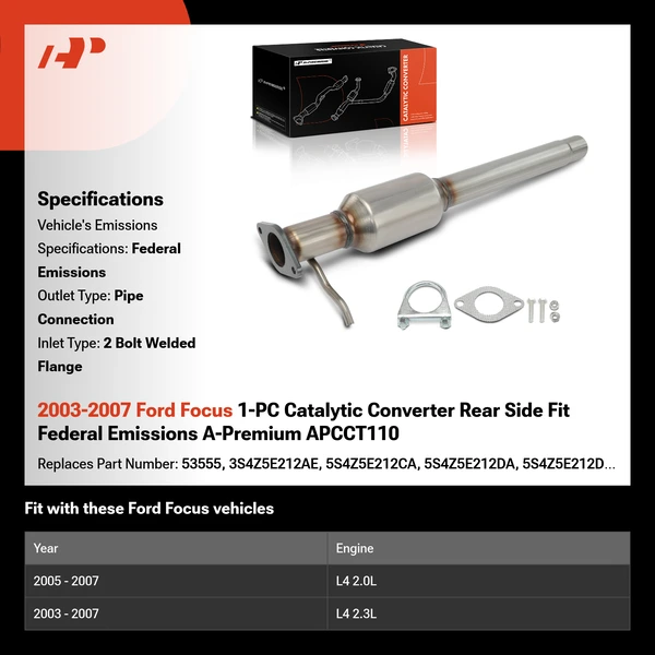 2003-2007 Ford Focus 1-PC Catalytic Converter Rear Side Fit Federal Emissions A-Premium APCCT110