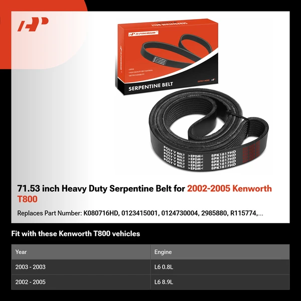 71.53 inch Heavy Duty Serpentine Belt for 2002-2005 Kenworth T800