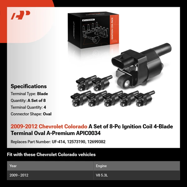 2009-2012 Chevrolet Colorado A Set of 8-Pc Ignition Coil 4-Blade Terminal Oval A-Premium APIC0034