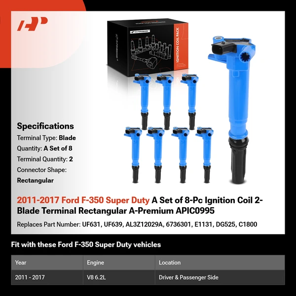 2011-2017 Ford F-350 Super Duty A Set of 8-Pc Ignition Coil 2-Blade Terminal Rectangular A-Premium APIC0995