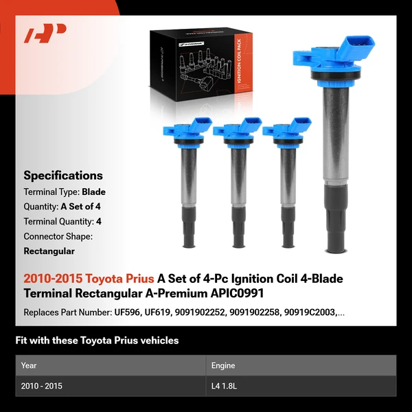 2010-2015 Toyota Prius A Set of 4-Pc Ignition Coil 4-Blade Terminal Rectangular A-Premium APIC0991