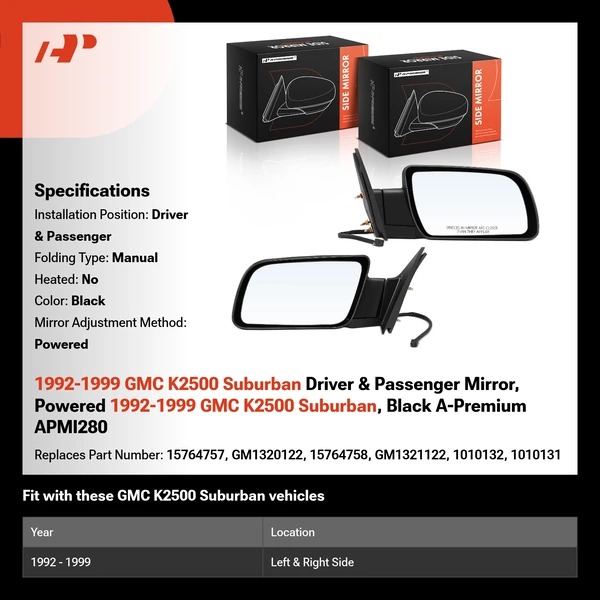 1992-1999 GMC K2500 Suburban Driver & Passenger Mirror, Powered 1992-1999 GMC K2500 Suburban, Black A-Premium APMI280