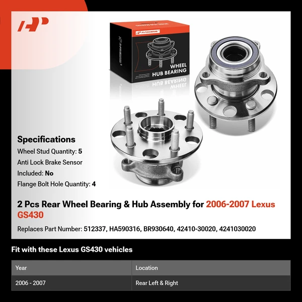 2 Pcs Rear Wheel Bearing & Hub Assembly for 2006-2007 Lexus GS430