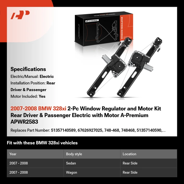 2007-2008 BMW 328xi 2-Pc Window Regulator and Motor Kit Rear Driver & Passenger Electric with Motor A-Premium APWR2583