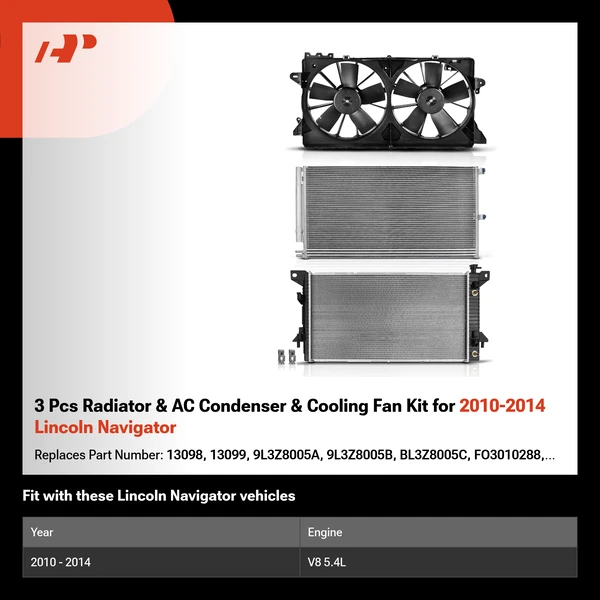 3 Pcs Radiator & AC Condenser & Cooling Fan Kit for 2010-2014 Lincoln Navigator