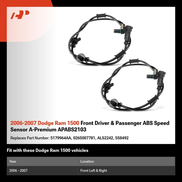 2006-2007 Dodge Ram 1500 Front Driver & Passenger ABS Speed Sensor A-Premium APABS2103