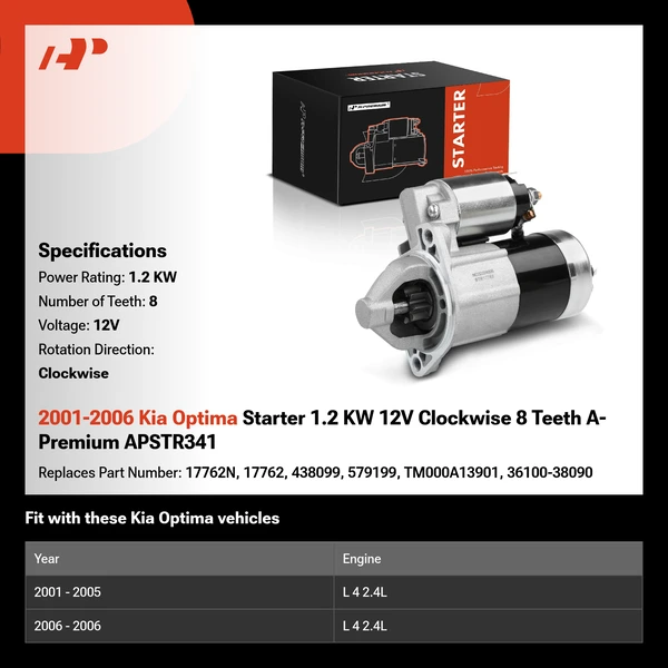 2001-2006 Kia Optima Starter 1.2 KW 12V Clockwise 8 Teeth A-Premium APSTR341
