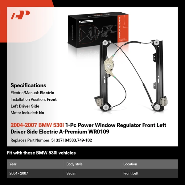 2004-2007 BMW 530i 1-Pc Power Window Regulator Front Left Driver Side Electric A-Premium WR0109