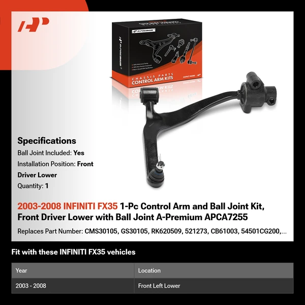 2003-2008 INFINITI FX35 1-Pc Control Arm and Ball Joint Kit, Front Driver Lower with Ball Joint A-Premium APCA7255