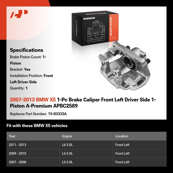 2007-2013 BMW X5 1-Pc Brake Caliper Front Left Driver Side 1-Piston A-Premium APBC2589