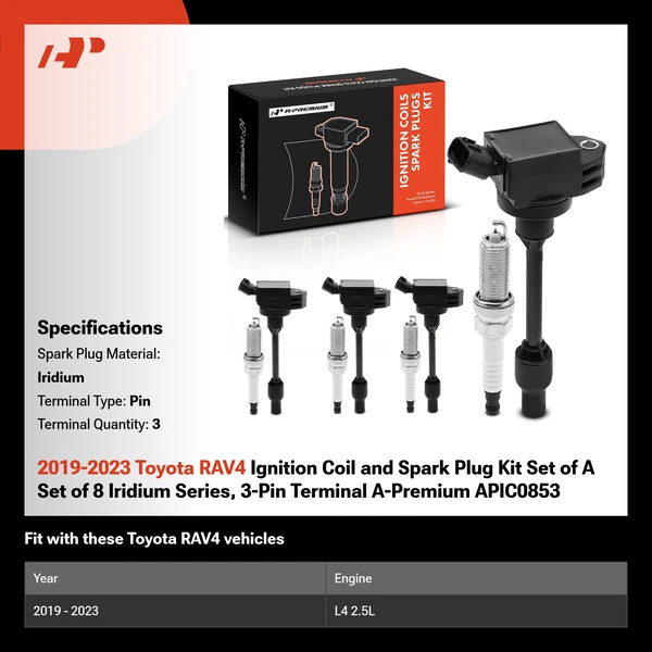 2019-2023 Toyota RAV4 Ignition Coil and Spark Plug Kit Set of A Set of 8 Iridium Series, 3-Pin Terminal A-Premium APIC0853